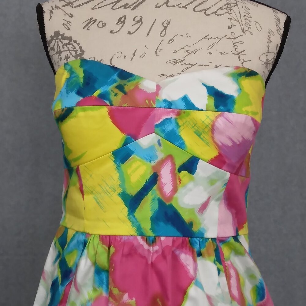 Donna Morgan | Vibrant Watercolor Strapless Dress Stretch Multicolor | Size 12 - Picture 4 of 11